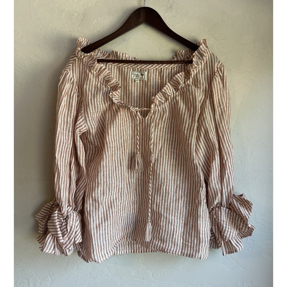MILLE Rose Top XS 100% Linen Ruffle Romantic Feminine Striped Boho Cottagecore